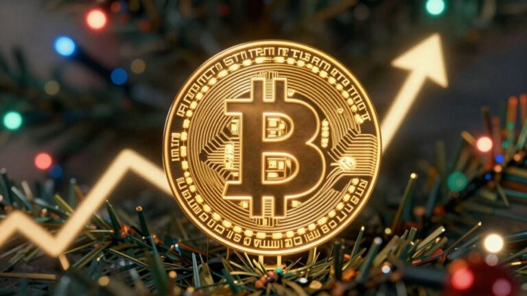 Биткоин символ на фоне праздничных огней