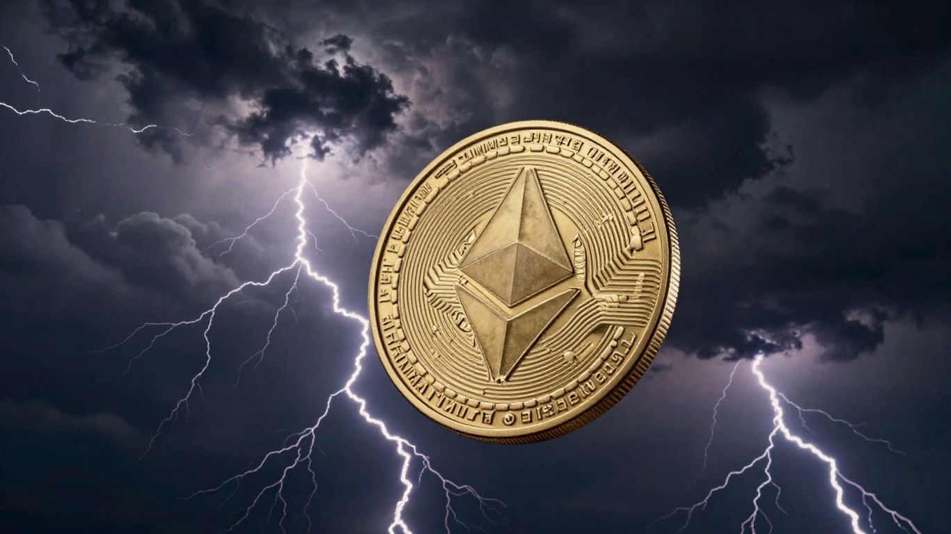 Падающая монета Ethereum на фоне грозовых облаков.